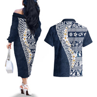 Hawaii Plumeria Tribal Vintage Couples Matching Off The Shoulder Long Sleeve Dress and Hawaiian Shirt Special Blue LT03 - Polynesian Pride