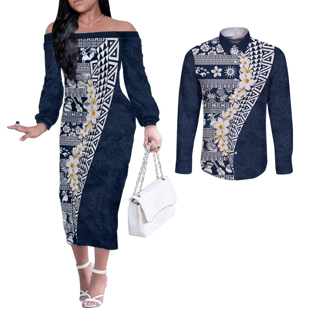 Hawaii Plumeria Tribal Vintage Couples Matching Off The Shoulder Long Sleeve Dress and Long Sleeve Button Shirt Special Blue