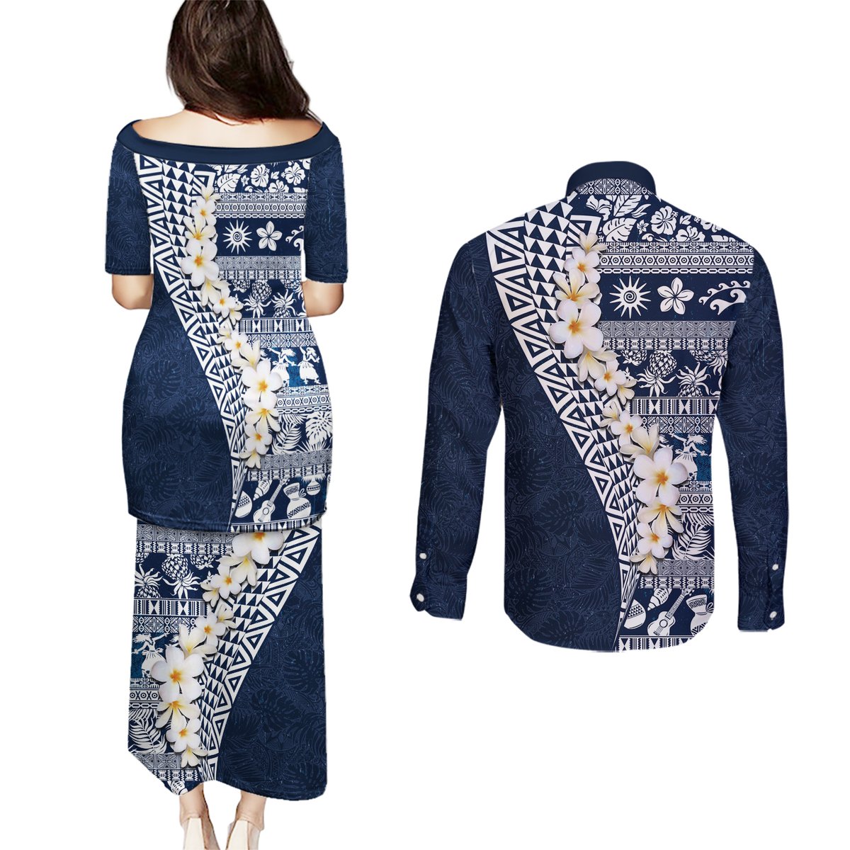 Hawaii Plumeria Tribal Vintage Couples Matching Puletasi and Long Sleeve Button Shirt Special Blue