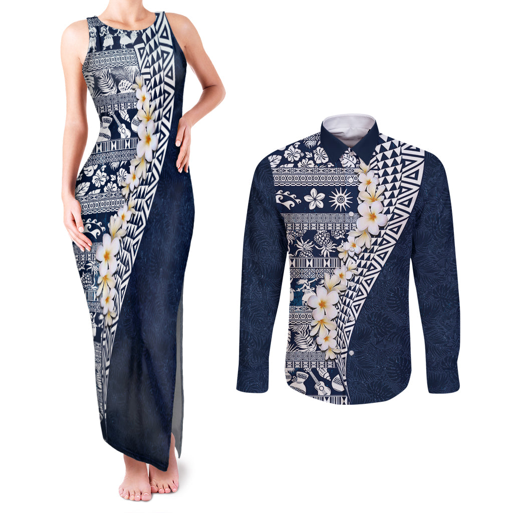 Hawaii Plumeria Tribal Vintage Couples Matching Tank Maxi Dress and Long Sleeve Button Shirt Special Blue