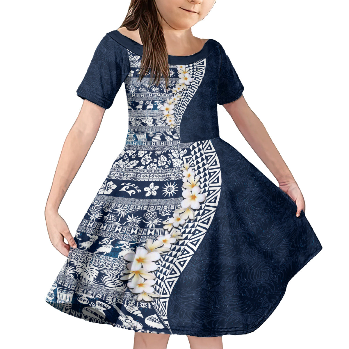 Hawaii Plumeria Tribal Vintage Family Matching Long Sleeve Bodycon Dress and Hawaiian Shirt Special Blue LT03 Daughter's Dress Blue - Polynesian Pride