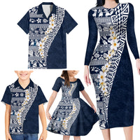 Hawaii Plumeria Tribal Vintage Family Matching Long Sleeve Bodycon Dress and Hawaiian Shirt Special Blue LT03 - Polynesian Pride