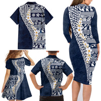 Hawaii Plumeria Tribal Vintage Family Matching Long Sleeve Bodycon Dress and Hawaiian Shirt Special Blue LT03 - Polynesian Pride
