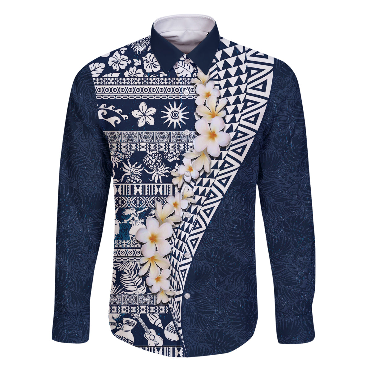 Hawaii Plumeria Tribal Vintage Family Matching Long Sleeve Bodycon Dress and Hawaiian Shirt Special Blue LT03 Dad's Shirt - Long Sleeve Blue - Polynesian Pride