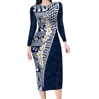Hawaii Plumeria Tribal Vintage Family Matching Long Sleeve Bodycon Dress and Hawaiian Shirt Special Blue LT03 Mom's Dress Blue - Polynesian Pride