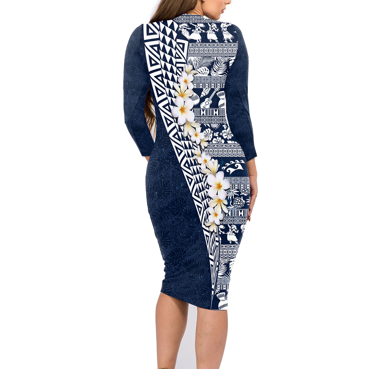 Hawaii Plumeria Tribal Vintage Family Matching Long Sleeve Bodycon Dress and Hawaiian Shirt Special Blue LT03 - Polynesian Pride