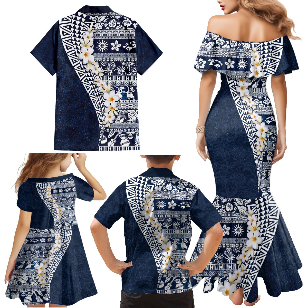 Hawaii Plumeria Tribal Vintage Family Matching Mermaid Dress and Hawaiian Shirt Special Blue LT03 - Polynesian Pride