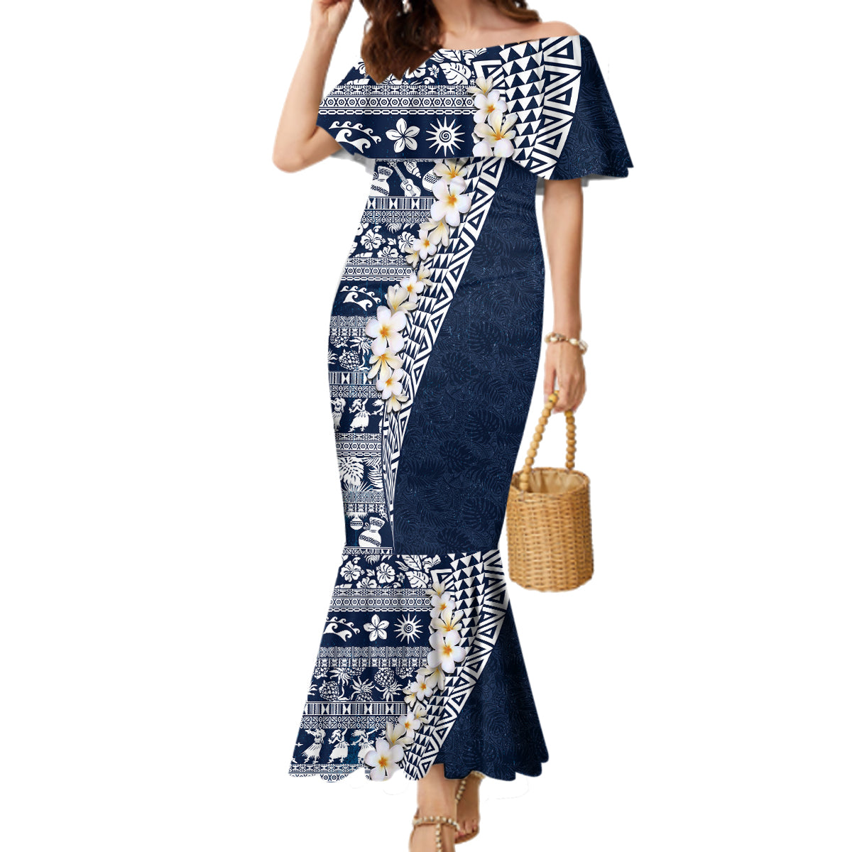 Hawaii Plumeria Tribal Vintage Family Matching Mermaid Dress and Hawaiian Shirt Special Blue LT03 Mom's Dress Blue - Polynesian Pride