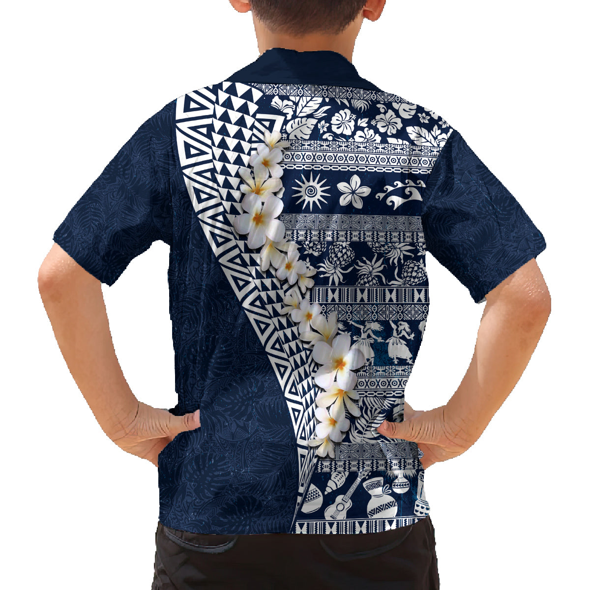 Hawaii Plumeria Tribal Vintage Family Matching Off The Shoulder Long Sleeve Dress and Hawaiian Shirt Special Blue LT03 - Polynesian Pride