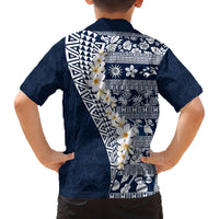 Hawaii Plumeria Tribal Vintage Family Matching Off The Shoulder Long Sleeve Dress and Hawaiian Shirt Special Blue LT03 - Polynesian Pride