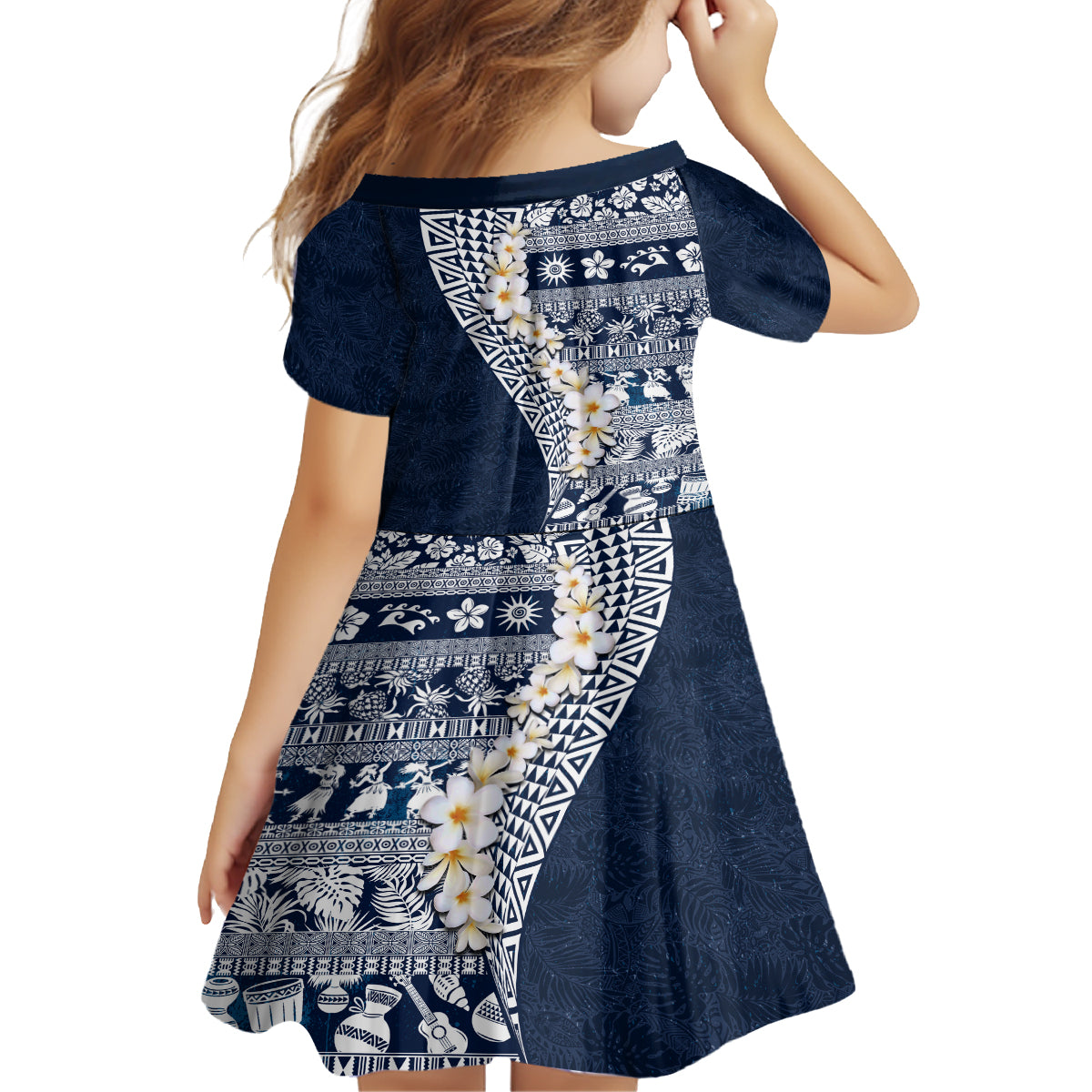 Hawaii Plumeria Tribal Vintage Family Matching Off The Shoulder Long Sleeve Dress and Hawaiian Shirt Special Blue LT03 - Polynesian Pride