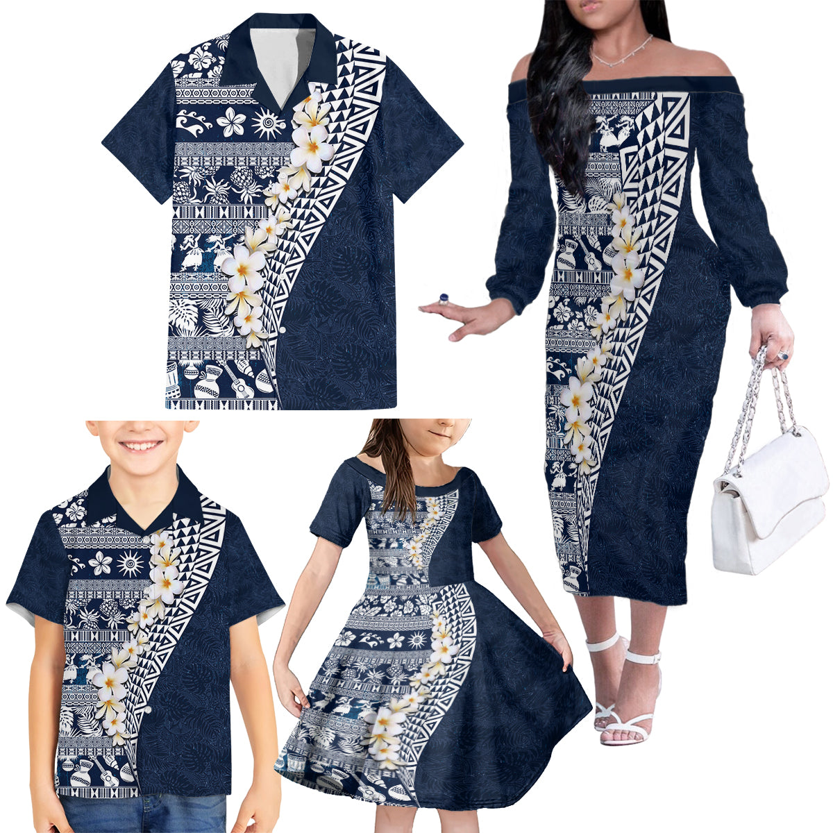 Hawaii Plumeria Tribal Vintage Family Matching Off The Shoulder Long Sleeve Dress and Hawaiian Shirt Special Blue LT03 - Polynesian Pride