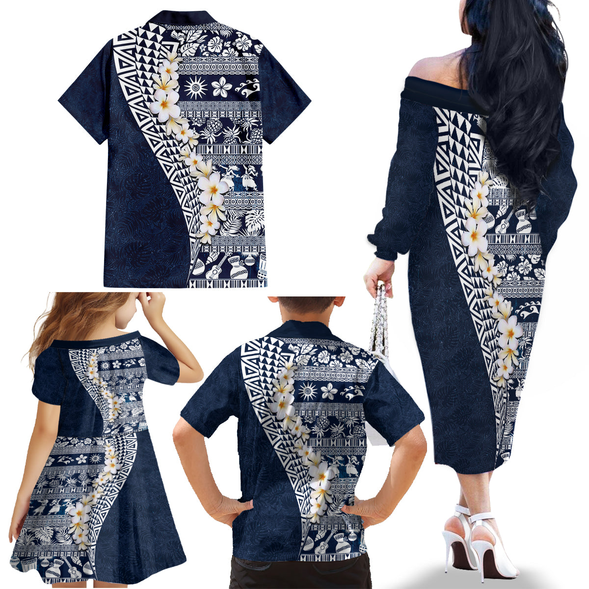 Hawaii Plumeria Tribal Vintage Family Matching Off The Shoulder Long Sleeve Dress and Hawaiian Shirt Special Blue LT03 - Polynesian Pride