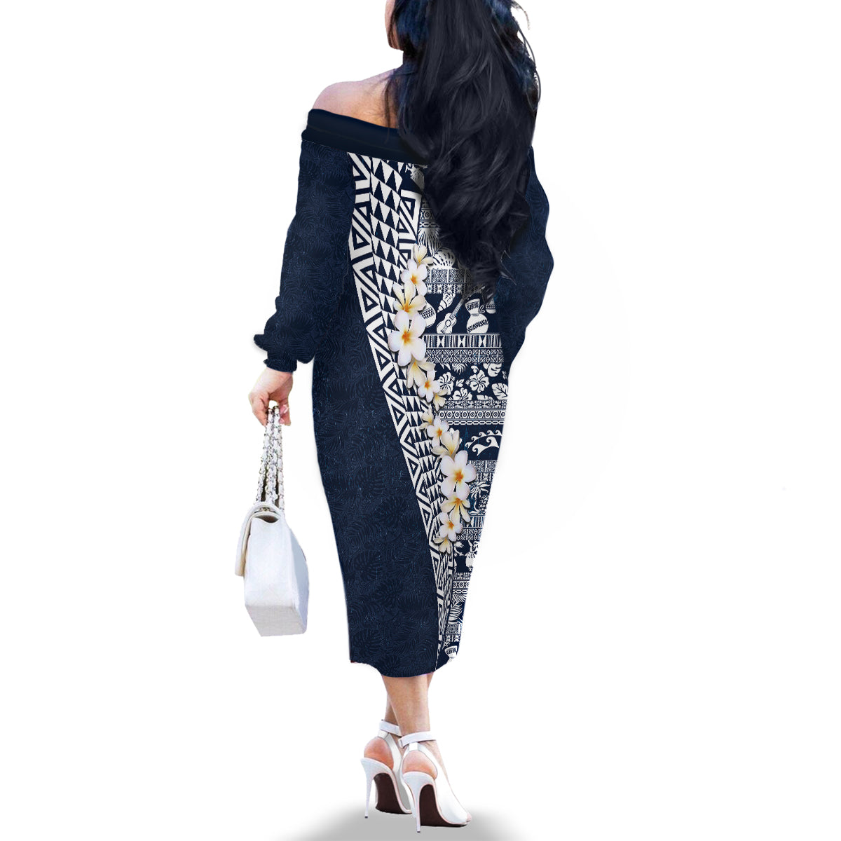 Hawaii Plumeria Tribal Vintage Family Matching Off The Shoulder Long Sleeve Dress and Hawaiian Shirt Special Blue LT03 - Polynesian Pride