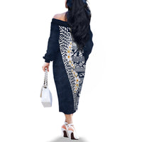 Hawaii Plumeria Tribal Vintage Family Matching Off The Shoulder Long Sleeve Dress and Hawaiian Shirt Special Blue LT03 - Polynesian Pride