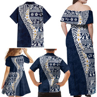 Hawaii Plumeria Tribal Vintage Family Matching Off Shoulder Maxi Dress and Hawaiian Shirt Special Blue LT03 - Polynesian Pride