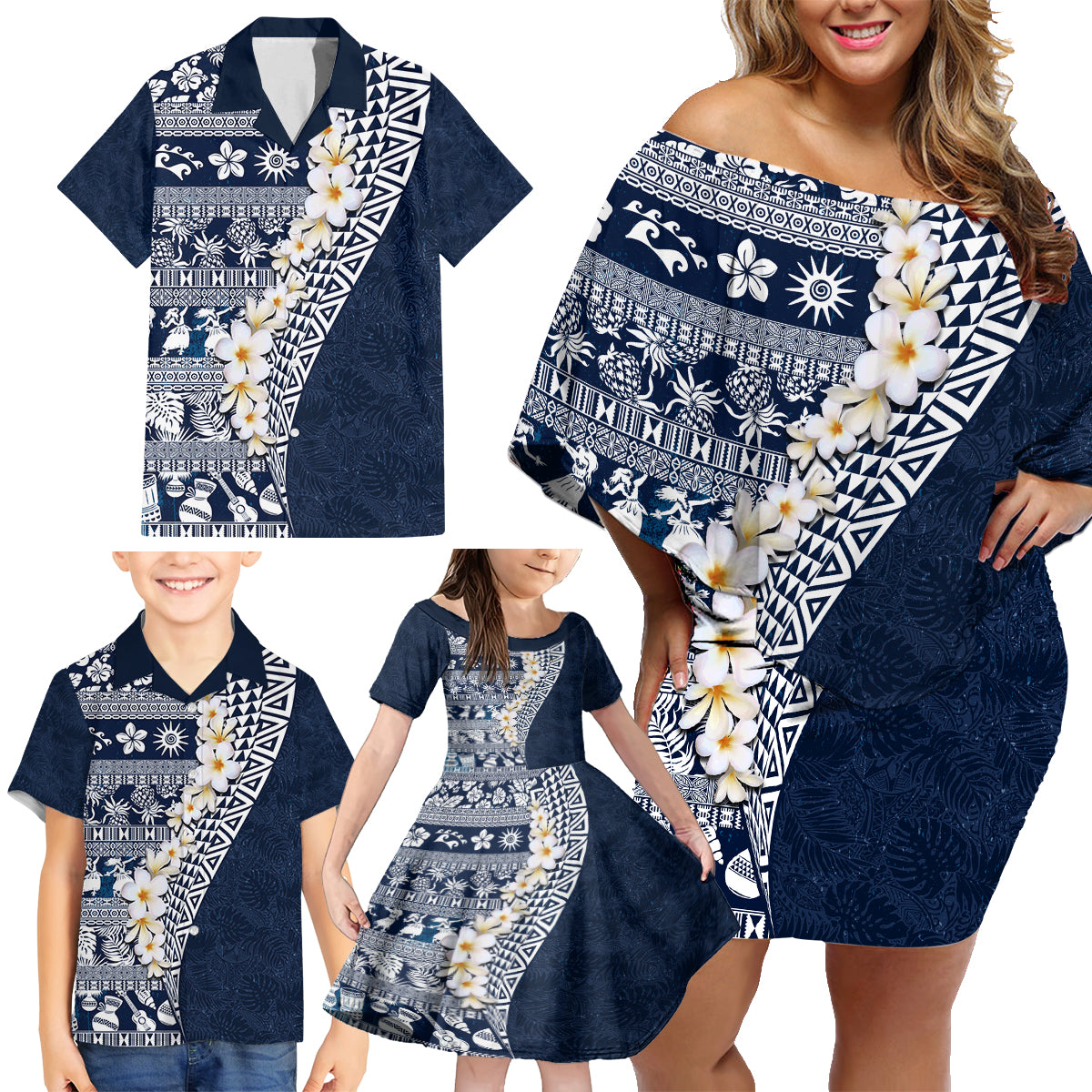 Hawaii Plumeria Tribal Vintage Family Matching Off Shoulder Short Dress and Hawaiian Shirt Special Blue LT03 - Polynesian Pride