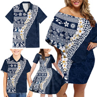 Hawaii Plumeria Tribal Vintage Family Matching Off Shoulder Short Dress and Hawaiian Shirt Special Blue LT03 - Polynesian Pride