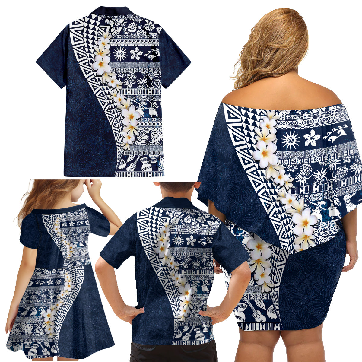 Hawaii Plumeria Tribal Vintage Family Matching Off Shoulder Short Dress and Hawaiian Shirt Special Blue LT03 - Polynesian Pride