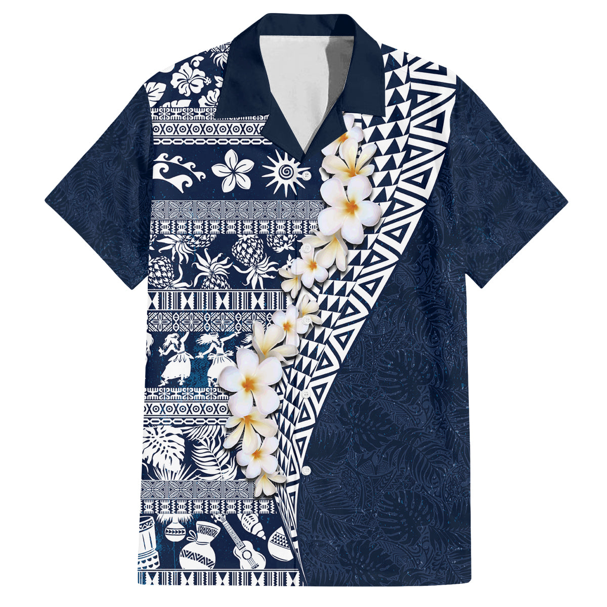 Hawaii Plumeria Tribal Vintage Family Matching Off Shoulder Short Dress and Hawaiian Shirt Special Blue LT03 Dad's Shirt - Short Sleeve Blue - Polynesian Pride