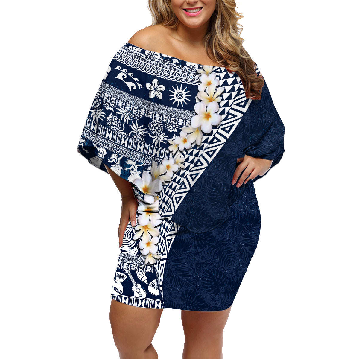 Hawaii Plumeria Tribal Vintage Family Matching Off Shoulder Short Dress and Hawaiian Shirt Special Blue LT03 Mom's Dress Blue - Polynesian Pride