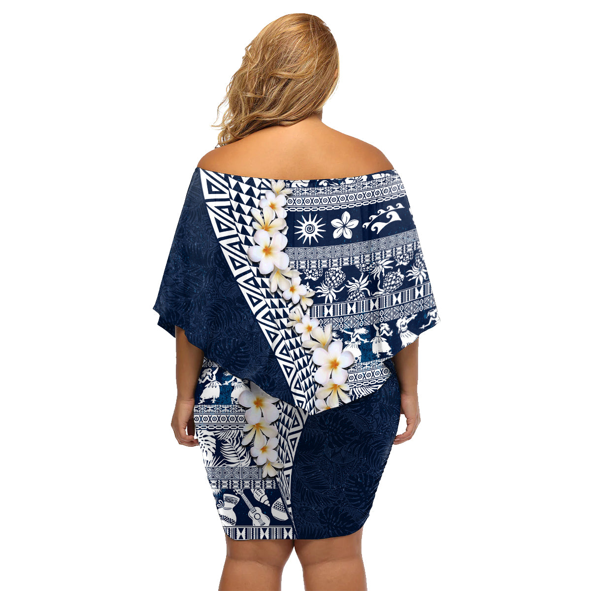Hawaii Plumeria Tribal Vintage Family Matching Off Shoulder Short Dress and Hawaiian Shirt Special Blue LT03 - Polynesian Pride