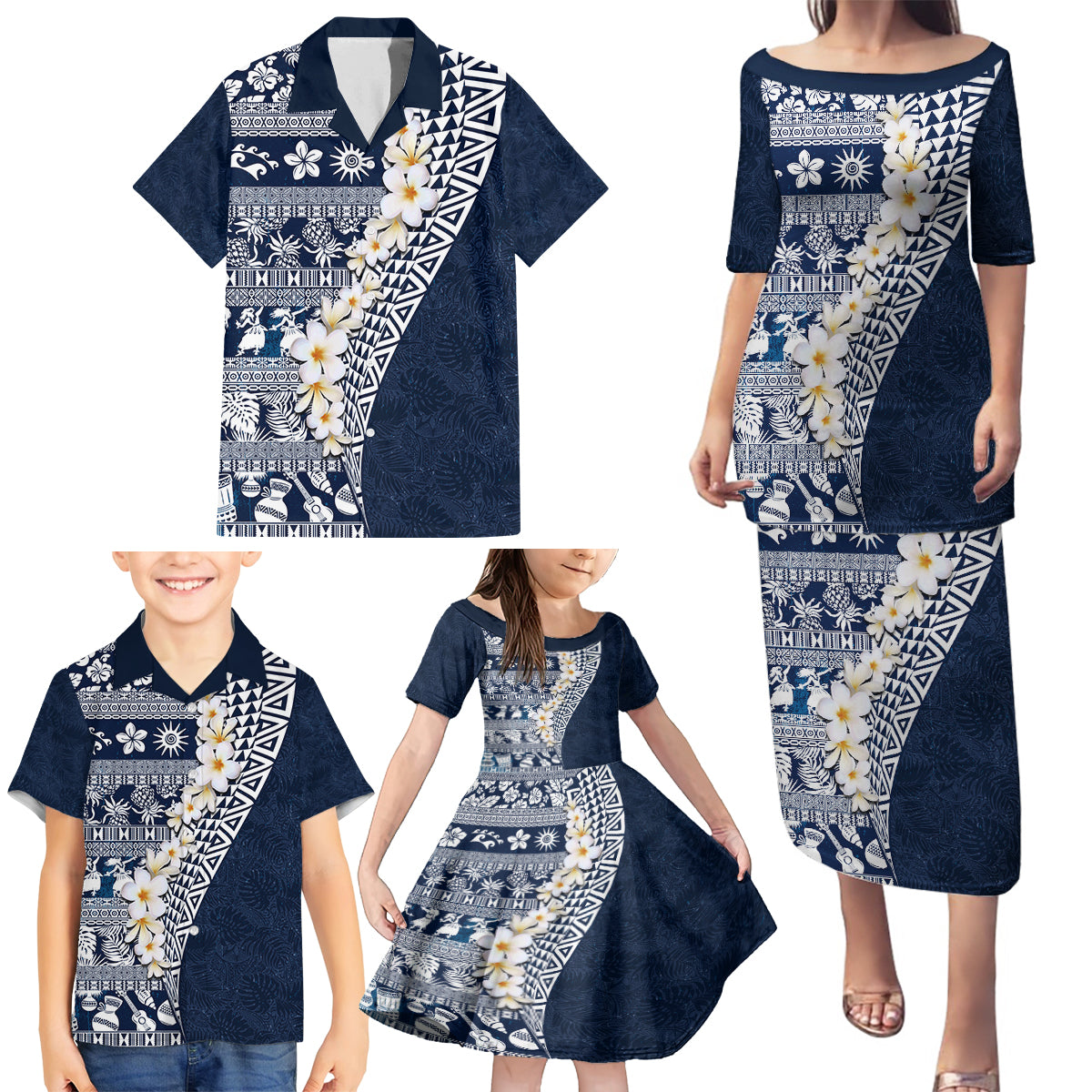 Hawaii Plumeria Tribal Vintage Family Matching Puletasi and Hawaiian Shirt Special Blue LT03 - Polynesian Pride