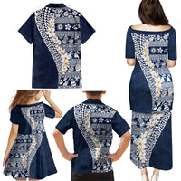 Hawaii Plumeria Tribal Vintage Family Matching Puletasi and Hawaiian Shirt Special Blue LT03 - Polynesian Pride