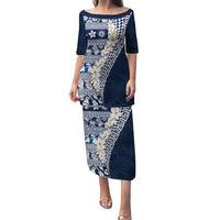 Hawaii Plumeria Tribal Vintage Family Matching Puletasi and Hawaiian Shirt Special Blue LT03 Mom's Dress Blue - Polynesian Pride
