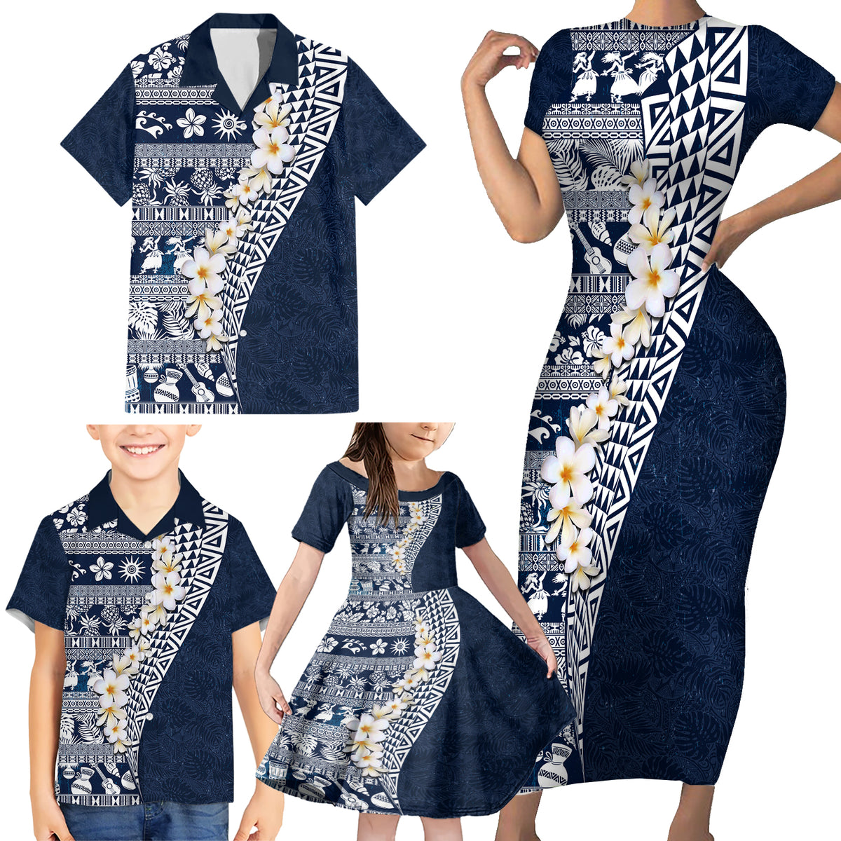 Hawaii Plumeria Tribal Vintage Family Matching Short Sleeve Bodycon Dress and Hawaiian Shirt Special Blue LT03 - Polynesian Pride