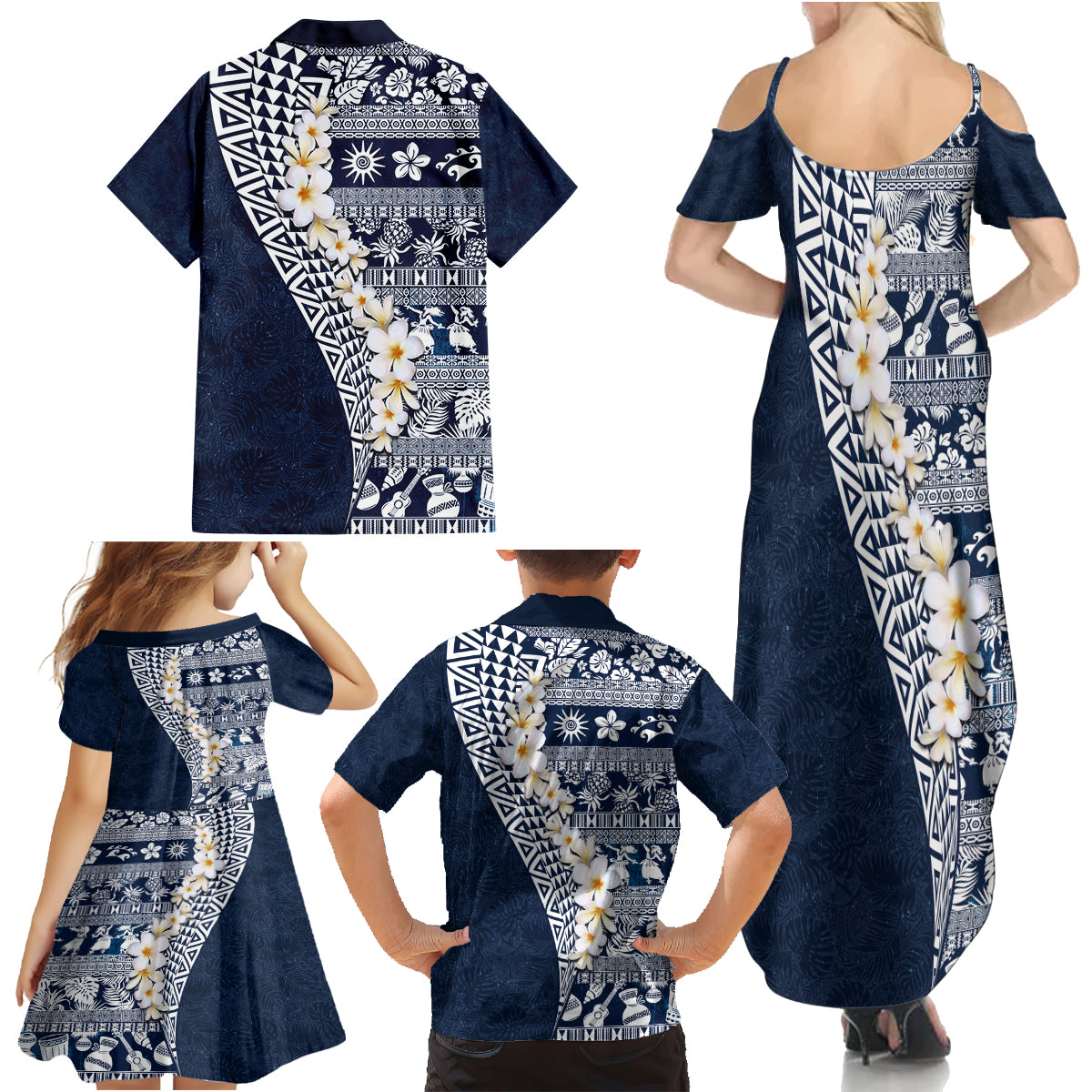 Hawaii Plumeria Tribal Vintage Family Matching Summer Maxi Dress and Hawaiian Shirt Special Blue LT03 - Polynesian Pride