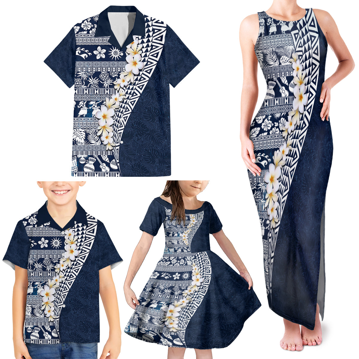 Hawaii Plumeria Tribal Vintage Family Matching Tank Maxi Dress and Hawaiian Shirt Special Blue LT03 - Polynesian Pride
