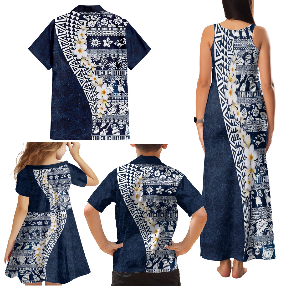 Hawaii Plumeria Tribal Vintage Family Matching Tank Maxi Dress and Hawaiian Shirt Special Blue LT03 - Polynesian Pride