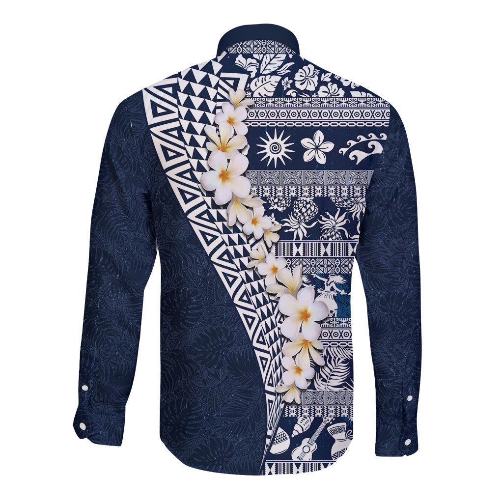 Hawaii Plumeria Tribal Vintage Long Sleeve Button Shirt Special Blue