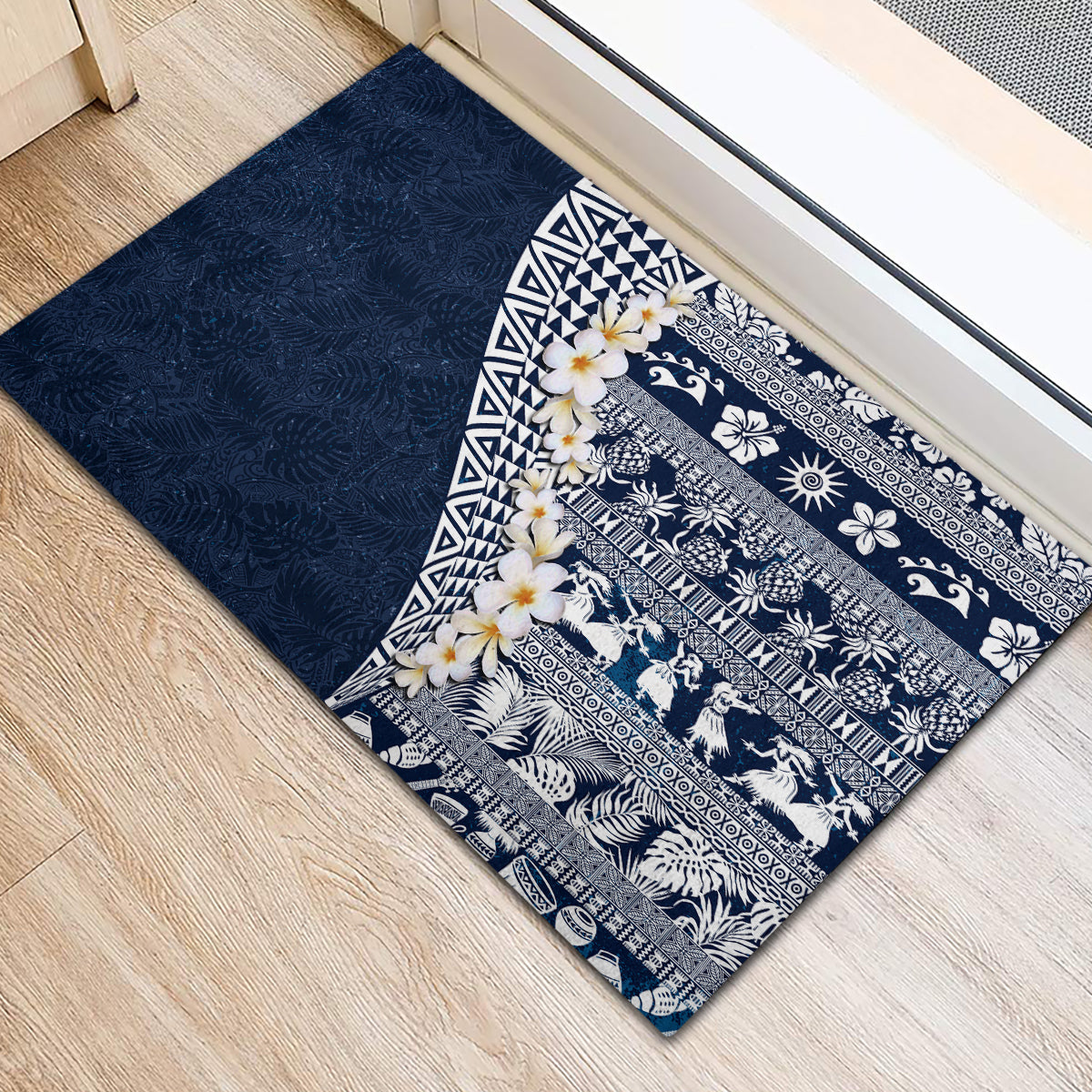 Hawaii Plumeria Tribal Vintage Rubber Doormat Special Blue