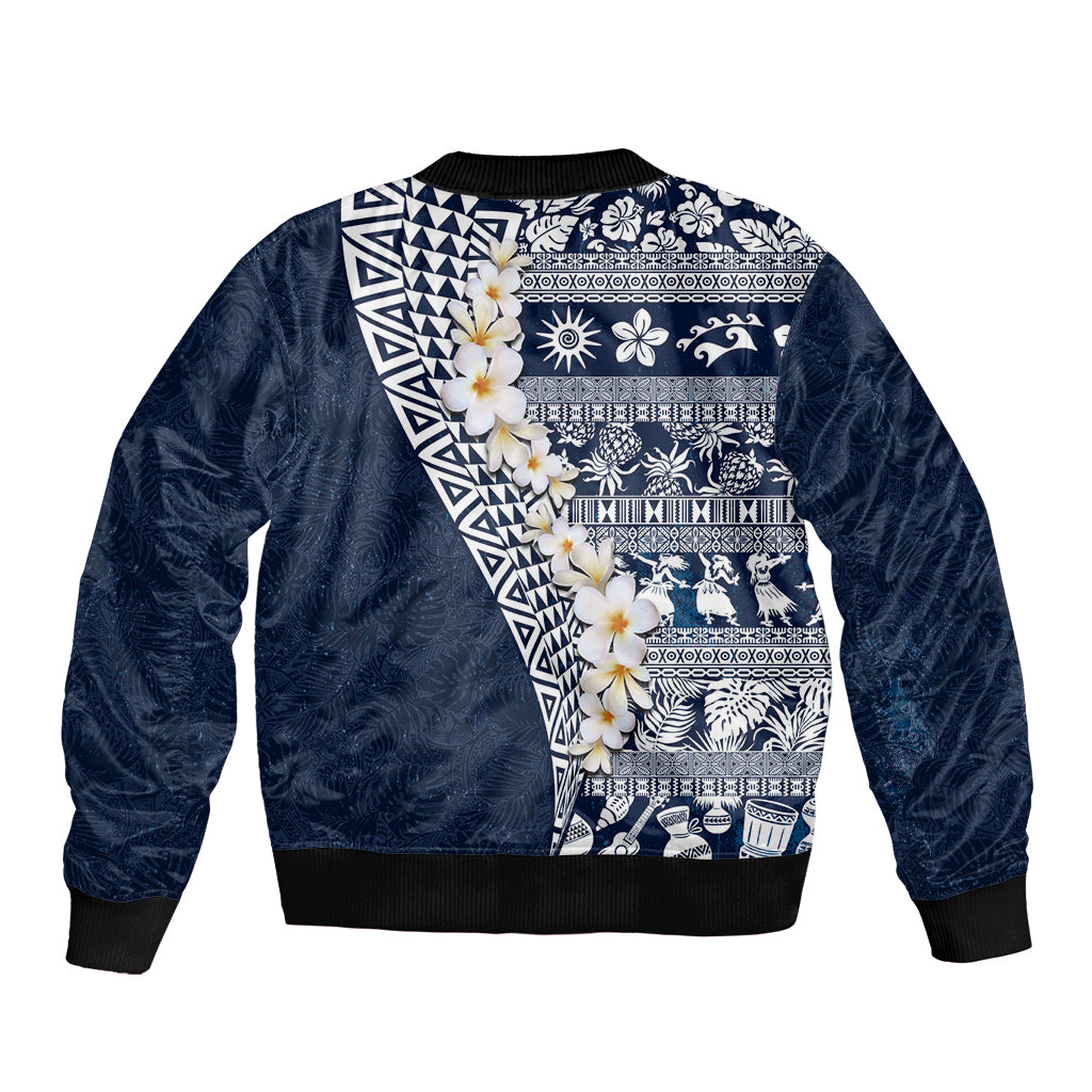 Hawaii Plumeria Tribal Vintage Sleeve Zip Bomber Jacket Special Blue