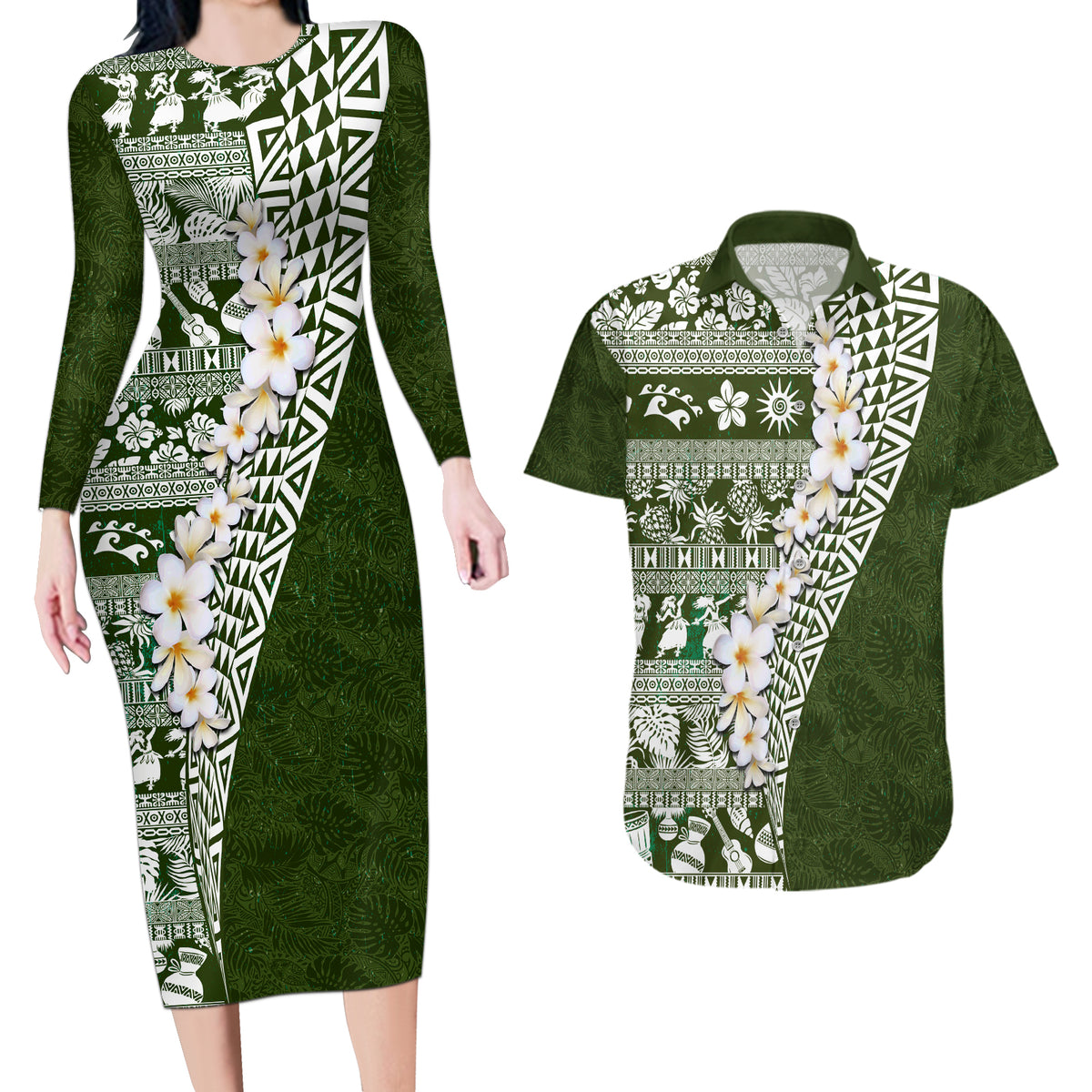 Hawaii Plumeria Tribal Vintage Couples Matching Long Sleeve Bodycon Dress and Hawaiian Shirt Special Green LT03 Green - Polynesian Pride