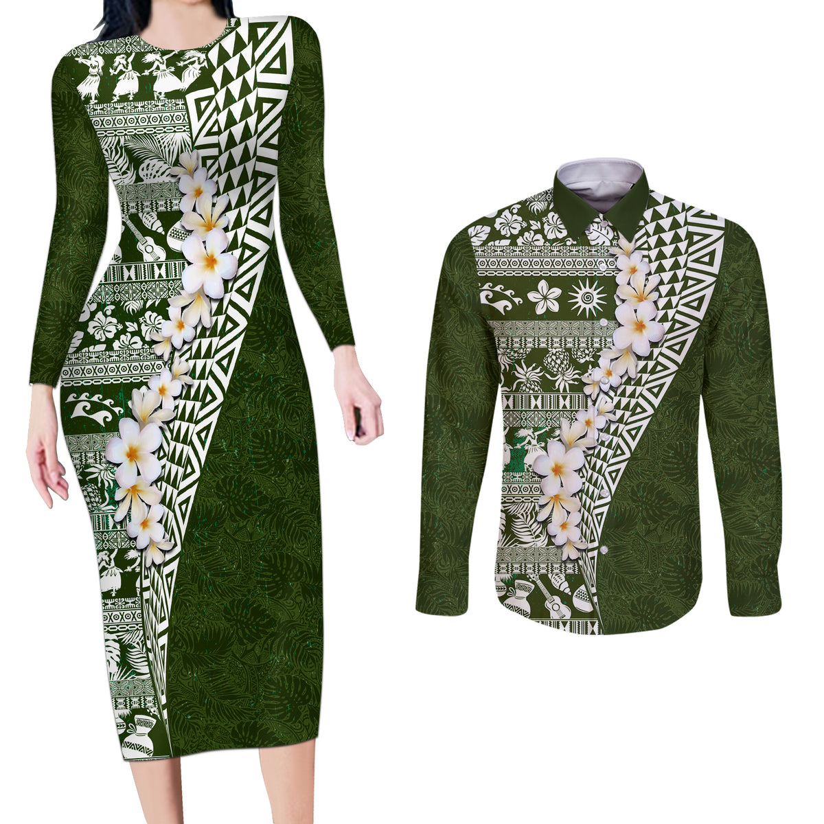 Hawaii Plumeria Tribal Vintage Couples Matching Long Sleeve Bodycon Dress and Long Sleeve Button Shirt Special Green LT03 Green - Polynesian Pride