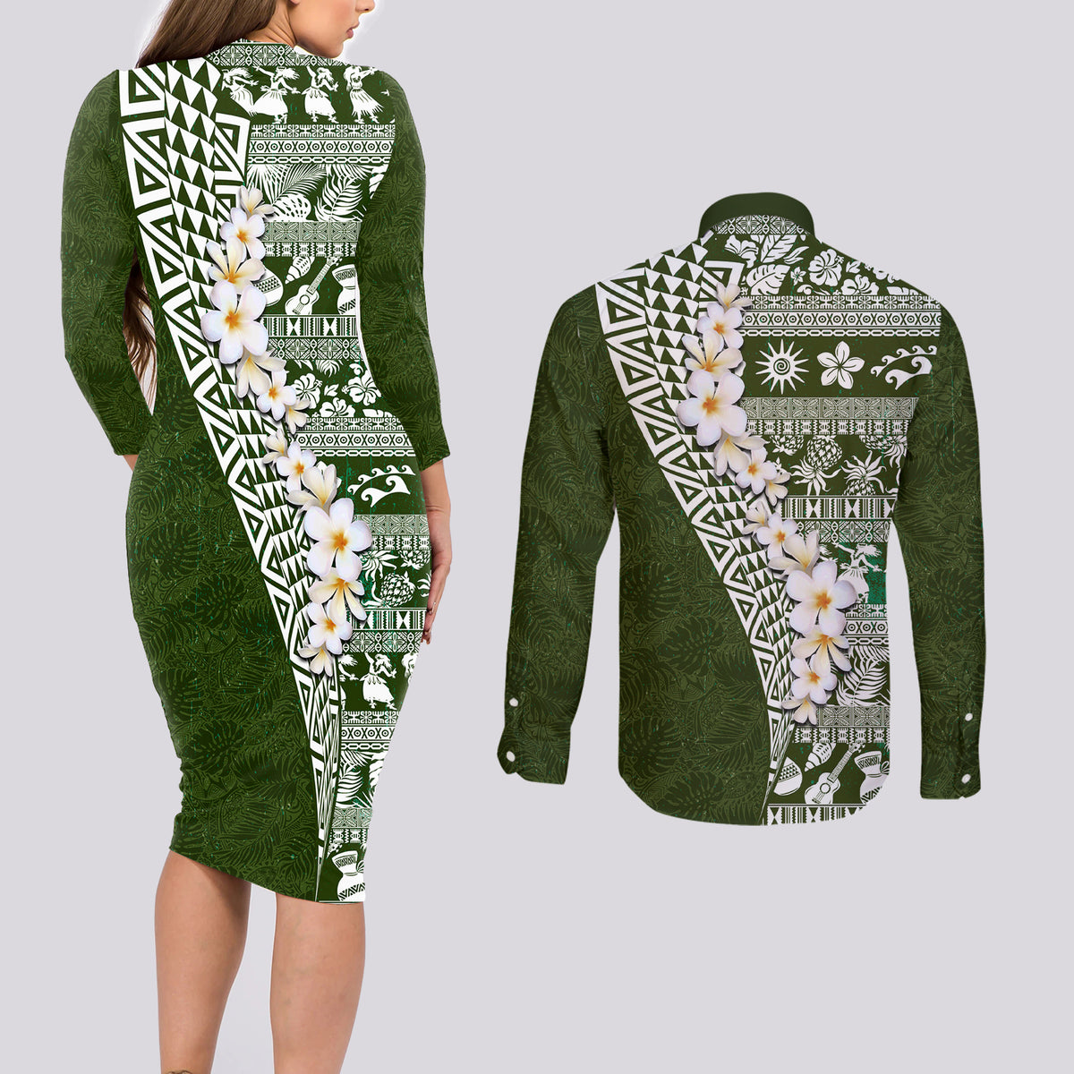 Hawaii Plumeria Tribal Vintage Couples Matching Long Sleeve Bodycon Dress and Long Sleeve Button Shirt Special Green LT03 - Polynesian Pride