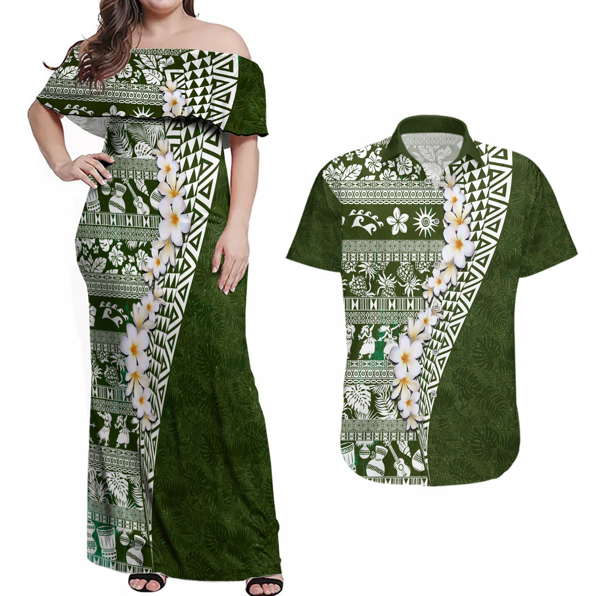 Hawaii Plumeria Tribal Vintage Couples Matching Off Shoulder Maxi Dress and Hawaiian Shirt Special Green LT03 Green - Polynesian Pride