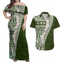 Hawaii Plumeria Tribal Vintage Couples Matching Off Shoulder Maxi Dress and Hawaiian Shirt Special Green LT03 Green - Polynesian Pride