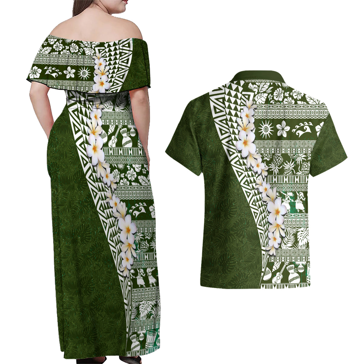 Hawaii Plumeria Tribal Vintage Couples Matching Off Shoulder Maxi Dress and Hawaiian Shirt Special Green LT03 - Polynesian Pride