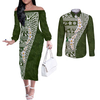 Hawaii Plumeria Tribal Vintage Couples Matching Off The Shoulder Long Sleeve Dress and Long Sleeve Button Shirt Special Green LT03 Green - Polynesian Pride