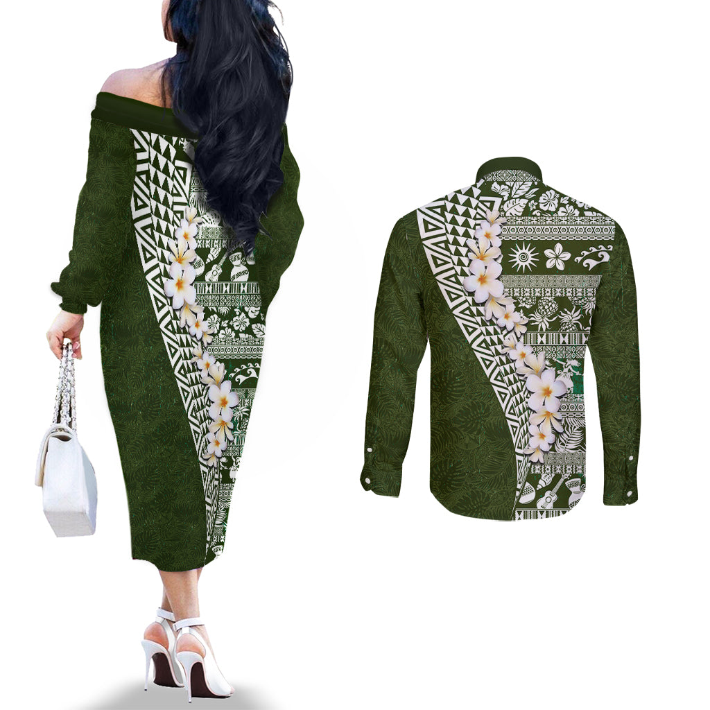 Hawaii Plumeria Tribal Vintage Couples Matching Off The Shoulder Long Sleeve Dress and Long Sleeve Button Shirt Special Green LT03 - Polynesian Pride