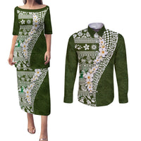 Hawaii Plumeria Tribal Vintage Couples Matching Puletasi and Long Sleeve Button Shirt Special Green