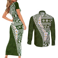 Hawaii Plumeria Tribal Vintage Couples Matching Short Sleeve Bodycon Dress and Long Sleeve Button Shirt Special Green LT03 - Polynesian Pride