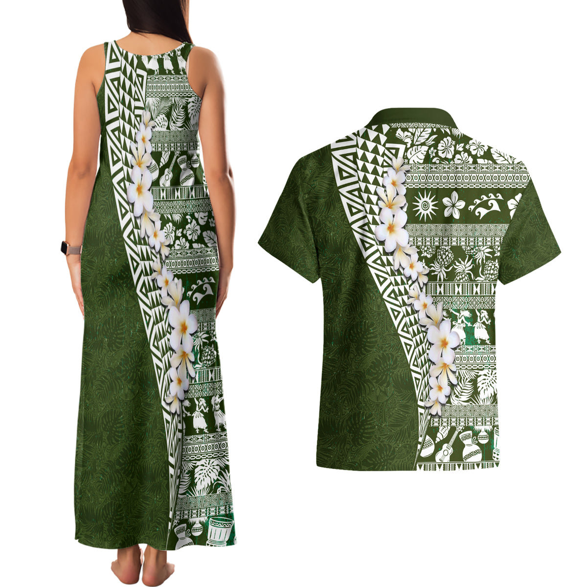 Hawaii Plumeria Tribal Vintage Couples Matching Tank Maxi Dress and Hawaiian Shirt Special Green LT03 - Polynesian Pride