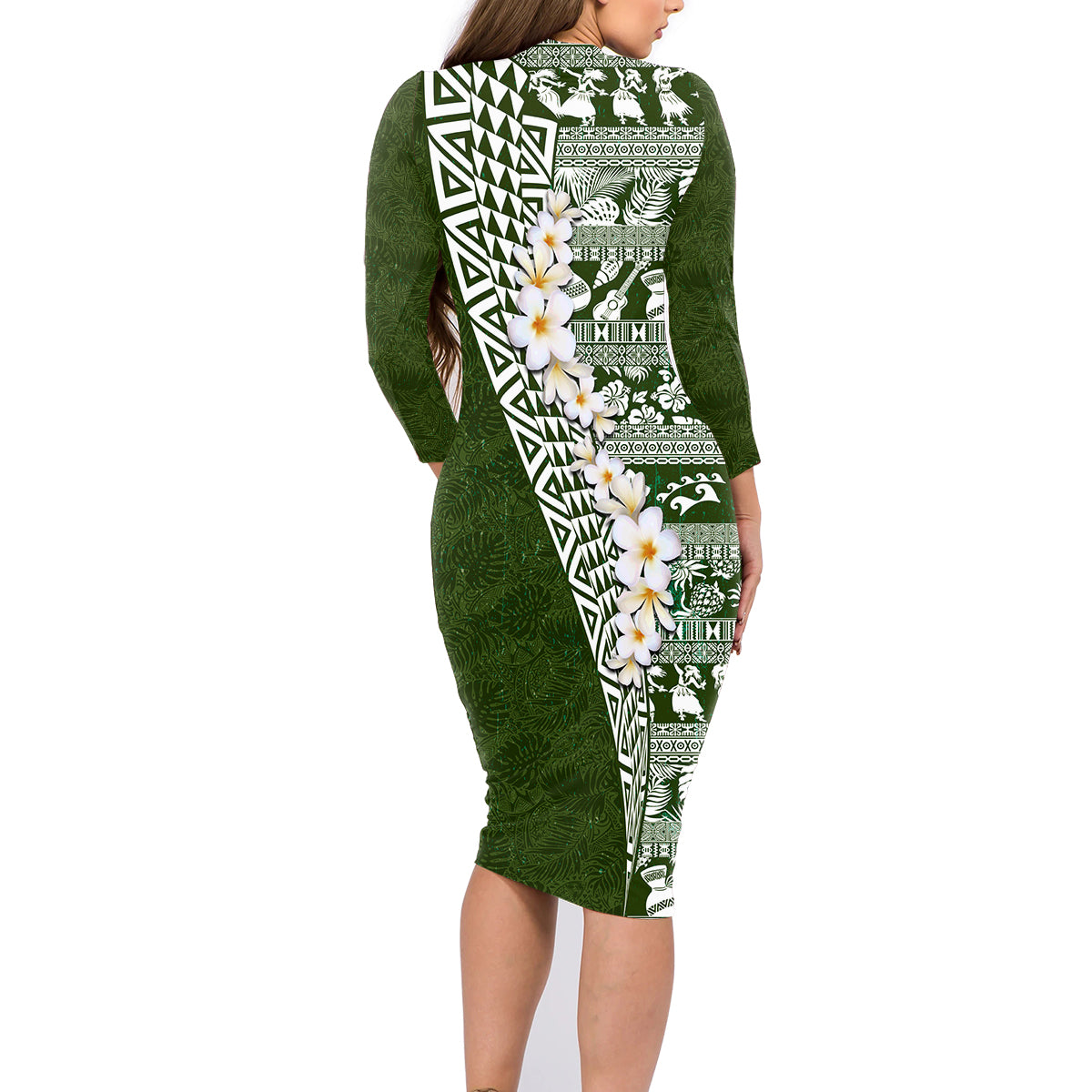 Hawaii Plumeria Tribal Vintage Family Matching Long Sleeve Bodycon Dress and Hawaiian Shirt Special Green LT03 - Polynesian Pride