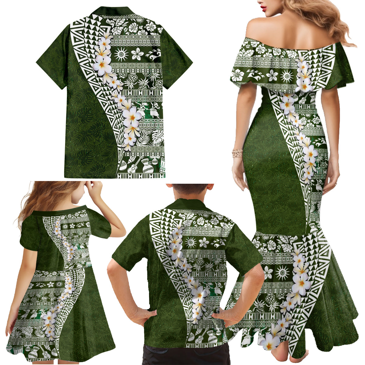 Hawaii Plumeria Tribal Vintage Family Matching Mermaid Dress and Hawaiian Shirt Special Green LT03 - Polynesian Pride