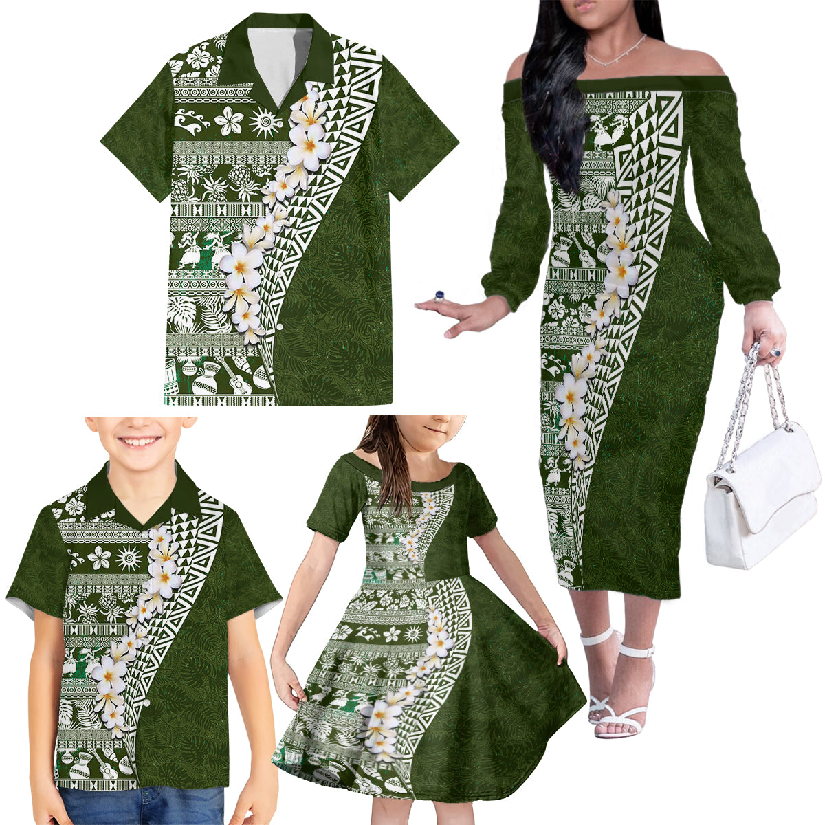 Hawaii Plumeria Tribal Vintage Family Matching Off The Shoulder Long Sleeve Dress and Hawaiian Shirt Special Green LT03 - Polynesian Pride